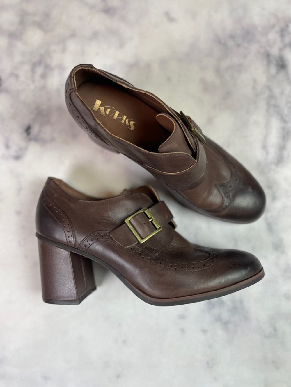KORKS Withrow Monk Strap Oxfords Brown Leather Wingtip Block Heel Sz 9